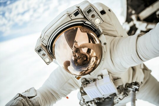 Astronaut in a white spacesuit deploys solar panels in low Earth orbit, with sunlight glimmering off the panels and Earth reflected in the visor