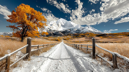 Obraz premium Snowy road to autumn mountain