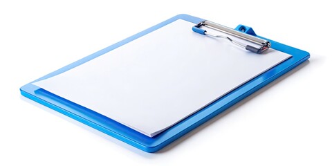 Blue Clipboard with Blank White Paper Isolated for Document Organization, Office Supplies, and Creative Projects - Perfect for Stock Photos and Graphic Design Needs