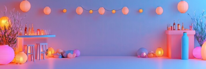 Naklejka premium Pastel party bar, soft lighting, plants