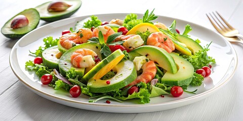 Fresh Avocado and Shrimp Salad on White Plate - Healthy Gourmet Dish for Food Photography and Culinary Inspiration