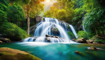 Lush Tropical Setting Khlong Lan Waterfall Amidst the Vibrant Thai Rainforest Jungle, Showcasing a Majestic Cascade in the Heart of Natures Splendor.