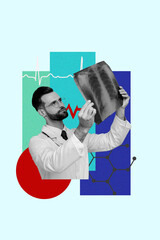 Creative design composite trend artwork collage of doctor young man stand hand hold lung xray...