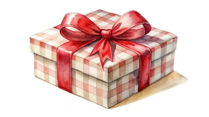 Hand-Drawn Style Gift Box with Red Ribbon and Checkered Pattern in Macro Photography, Watercolor Painting Effect on White Background for Creative Gift Ideas and Decorations