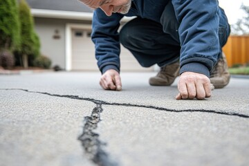 Man inspecting cracked asphalt driveway. Shows damage needing repair or replacement.