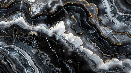 Elegant Close-Up of Onyx Patterns Highlighting Natural Swirling Veins and Contrast Layers in Black, White, and Gray