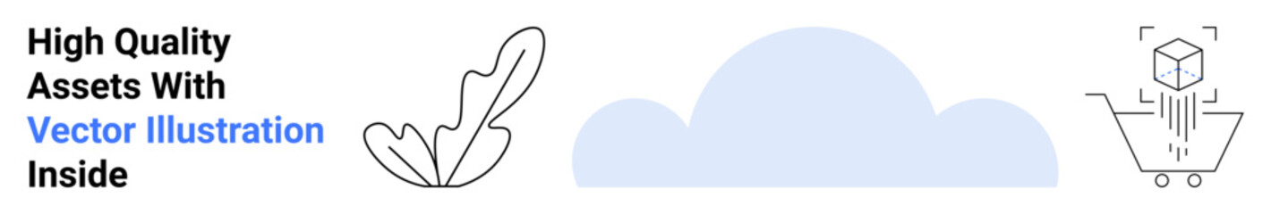 Feather and cloud with shopping cart holding a cube representing digital products. Ideal for creativity, online shopping, ecommerce, branding, digital marketing, cloud storage, flat landing page