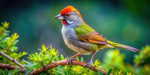 Obraz premium Captivating Drone Photography of a Green-tailed Towhee Posing in its Natural Habitat, Showcasing Vibrant Colors and Unique Features of this Beautiful Bird Species