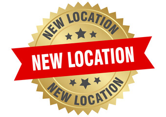 new location. new location round red and gold label isolated on transparent background