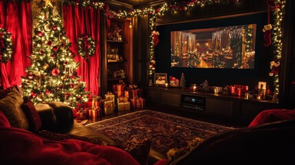 A cozy living room decorated for Christmas, featuring a large Christmas tree, a fireplace, and a flat-screen TV.