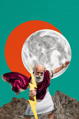 Trend artwork sketch design montage 3D collage of aged man mythology power greek god outdoors hand...