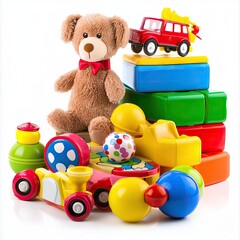 Colorful toys and teddy bear on white background; playtime fun