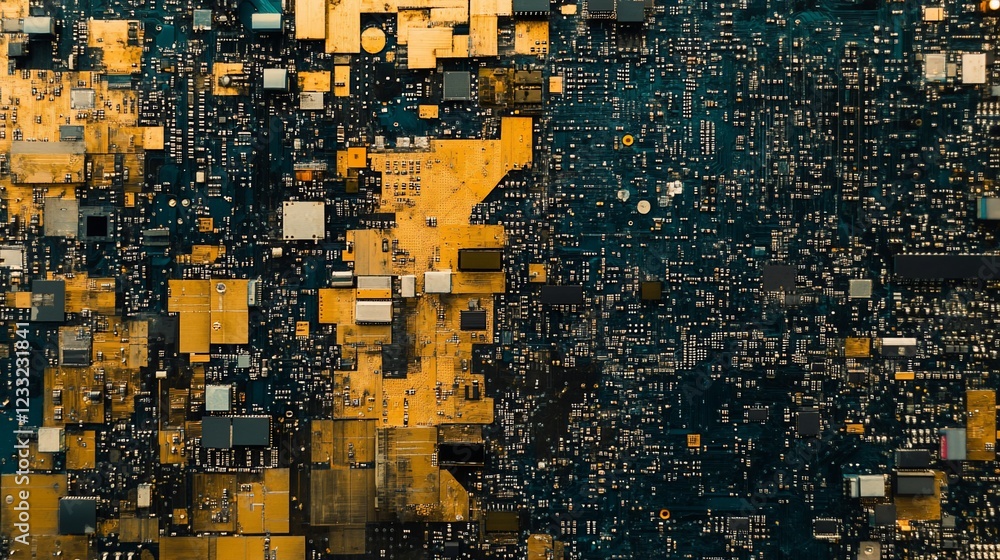Poster detailed circuit board with golden components for tech background design
