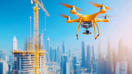 Drone flying over construction site in urban area
