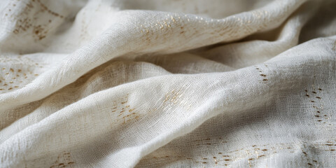 Soft cream linen texture with subtle golden threads woven into intricate patterns.