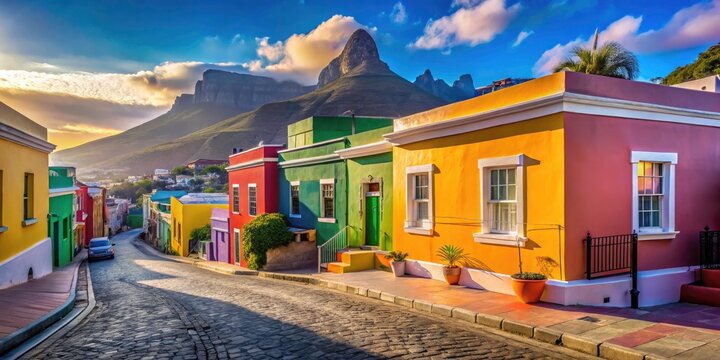 Long Exposure Perspective View of Vibrant Bo Kaap District, Cape Town - Colorful Houses, Cobblestone Streets, Cultural Heritage, Scenic Landscape, South Africa