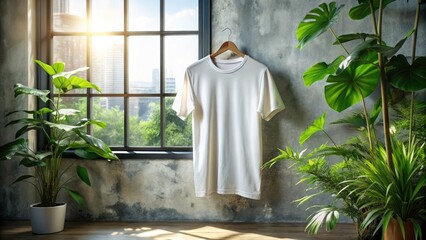 Low Light Photography of a White T-Shirt and Green Plant by an Industrial Style Window, Soft Shadows, Minimalist Aesthetic, Urban Decor, Natural Light, Cozy Atmosphere