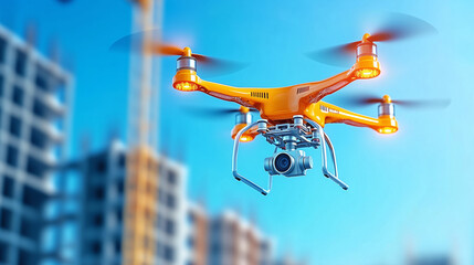 Drone flies over construction site capturing aerial views