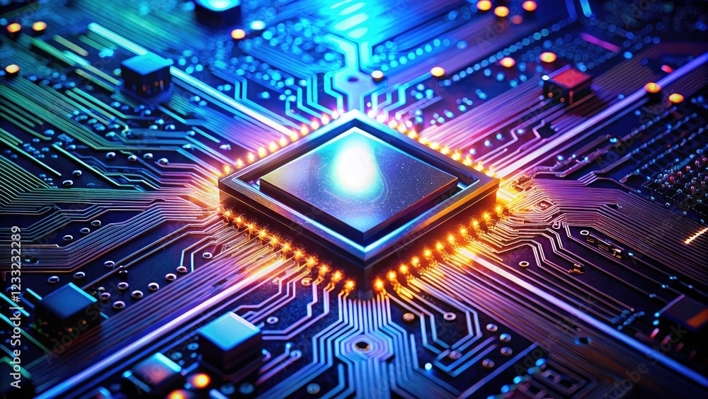 Aufkleber close-up of a brightly lit microchip on a circuit board showcasing technological complexity