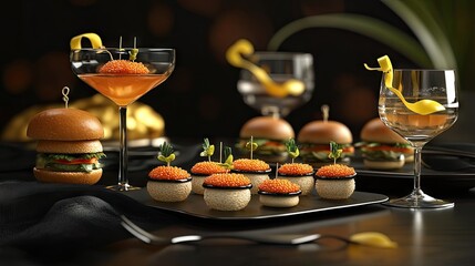 Obraz premium Gourmet mini burgers & caviar canap?s, elegant party setting, dark background, food photography for restaurant menus
