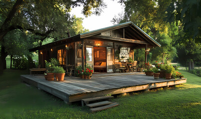 A vintage cabin with a wooden deck and flower pots, offering a cozy retreat