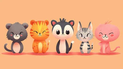 Obraz premium Adorable Flat Vector Illustration of Five Cute Animal Characters for Design Projects