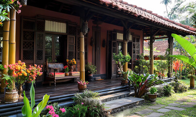 Crafted from bamboo and dark wood, this house offers a unique design aesthetic