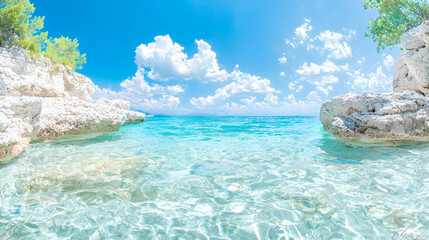 Fototapeta premium Turquoise water, rocky cove, sunny sky, summer vacation
