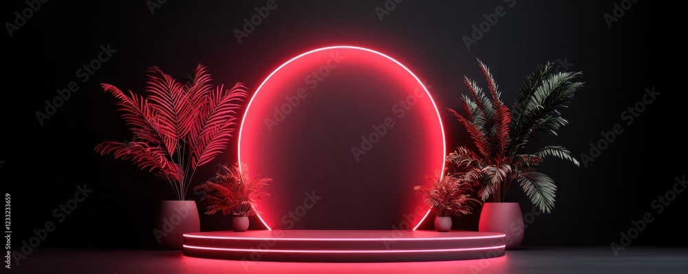 Poster captivating neon sphere floating against a dark atmospheric background in a modern studio setting th