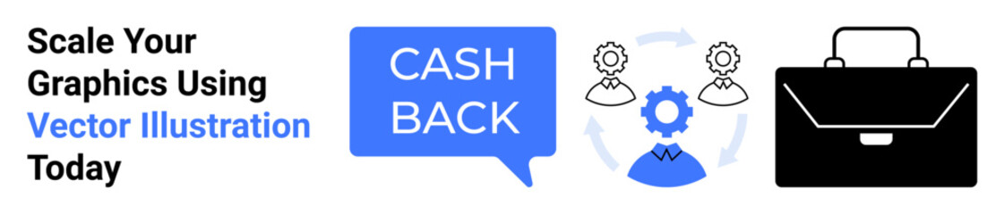 Cashback text inside speech bubble, briefcase icon, settings cog in workflow cycle Ideal for finance, marketing, productivity, workflow, e-commerce, rewards programs, flat landing page banner
