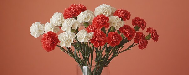 Obraz premium Red and white carnations bouquet, coral background, floral arrangement, gift