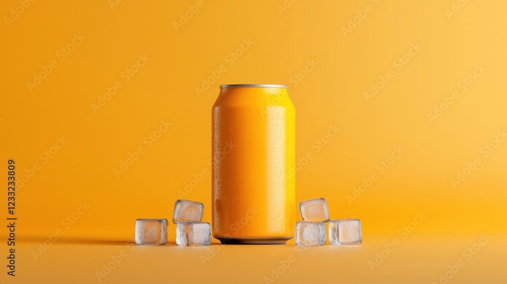 Poster close up view of a single vibrant orange beverage can set against a minimalist yellow background sur