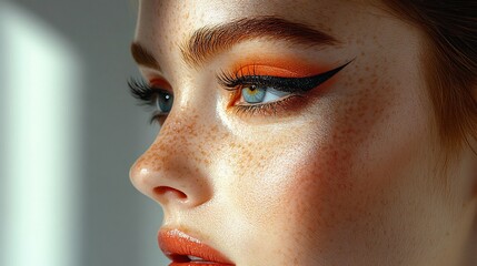 Close-up of a young woman's face showcasing vibrant makeup and freckles in soft light