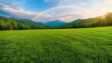 Fototapeta premium Lush Green Field Under Vibrant Rainbow Across Majestic Mountains