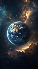 Naklejka premium Planet Earth viewed from space with colorful cosmic backdrop and stars illuminating the vast universe