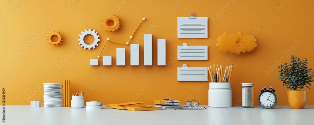 Poster corporate workspace desk with data analytics graphs charts and infographic elements showcasing busin