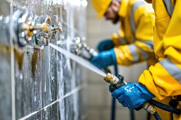 Workers in yellow suits power wash tiles. Shows industrial cleaning and maintenance.