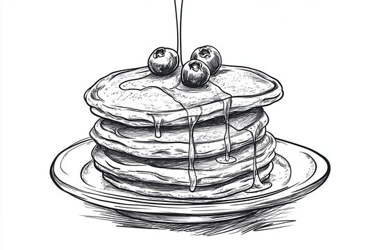 Line Drawing of Blueberry Pancakes Dripping with Syrup