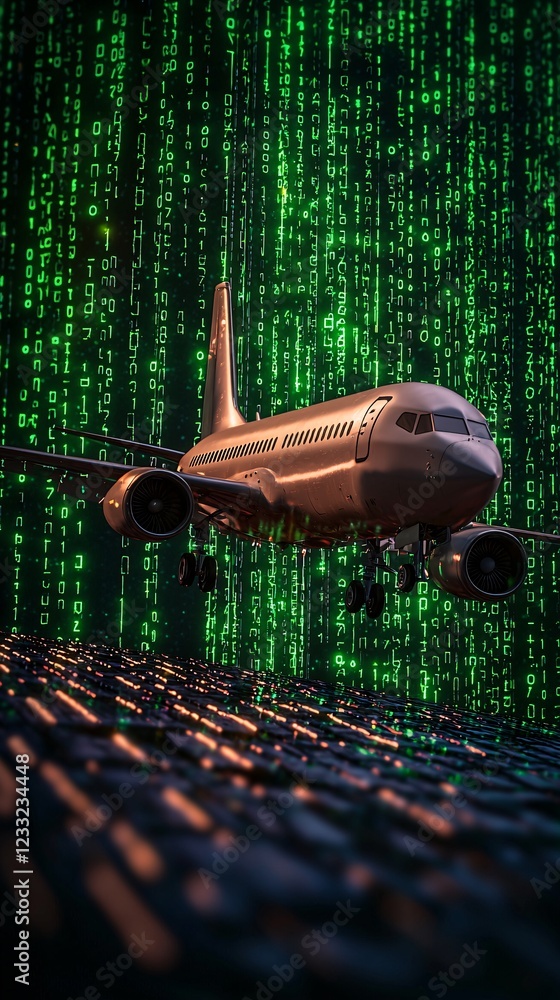 Poster airplane in cyber environment with green binary code background