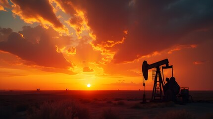 Dramatic Sunset with Oil Pump Silhouette and Fiery Sky