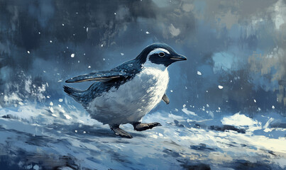 Fototapeta premium A penguin waddling charmingly across an icy terrain, showcasing the cuteness of Antarctic wildlife