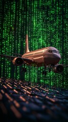 Airplane in Cyber Environment with Green Binary Code Background