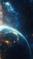 Planet Earth viewed from space with colorful cosmic backdrop and stars illuminating the vast universe