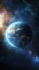 Obraz premium Planet Earth viewed from space with colorful cosmic backdrop and stars illuminating the vast universe