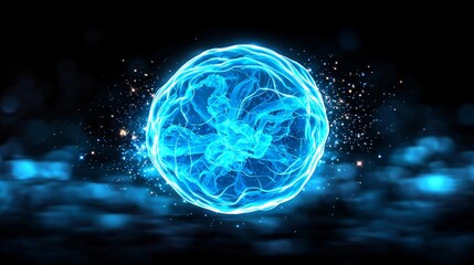 Obraz premium Bright Blue Energy Sphere with Sparkles on Dark Background