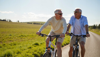 Obraz premium Happy seniors riding bikes on sunny countryside road