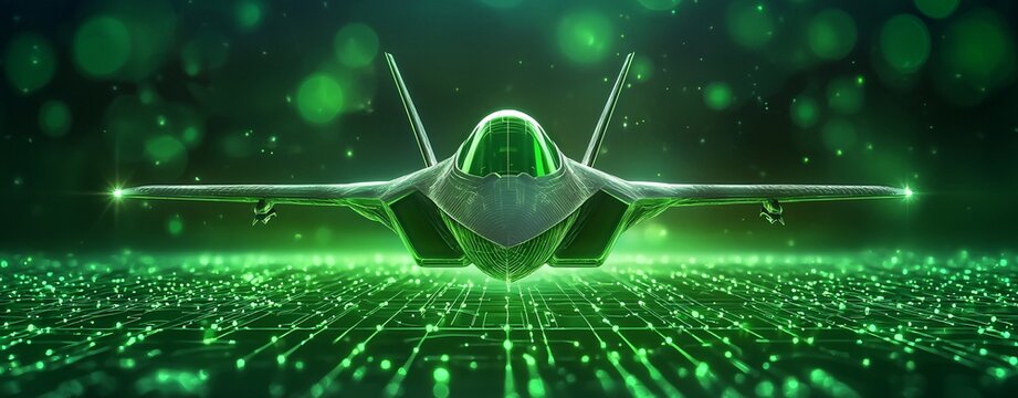 Futuristic Jet with Green Glow and Digital Background in Motion