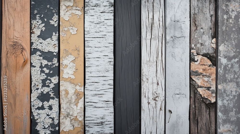 Poster a set of 8 colorful planks with textured surfaces and a weathered look in vertical format