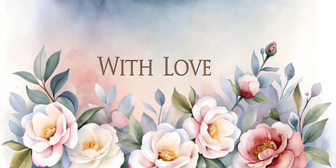 Delicate watercolor flowers in pastel pink and white tones create a romantic composition. Soft blurred background enhances dreamy atmosphere. Text "With Love" centers the piece. Concept of: wedding st