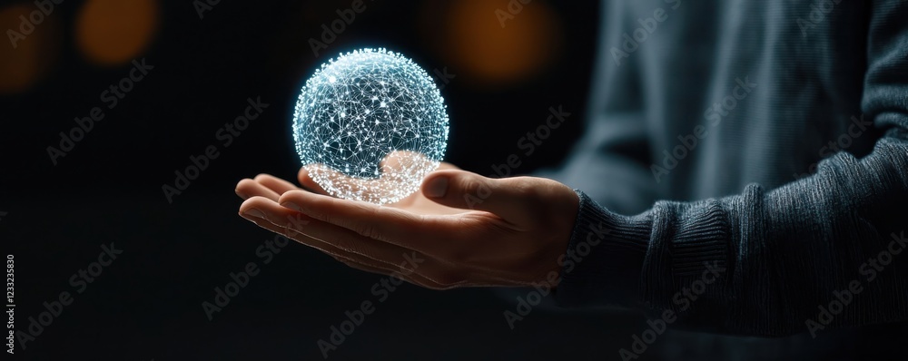 Poster close up view of a hand grasping a luminous glowing sphere representing the concept of advanced inte